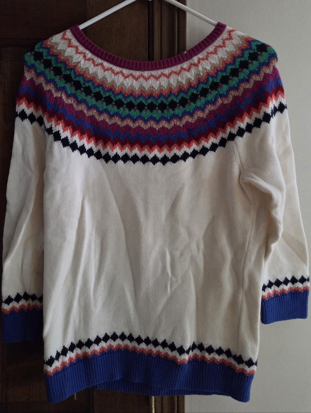 Talbots Cream Fair Isle Yoke Sweater with Multicolor Accents, Matching Scarf.